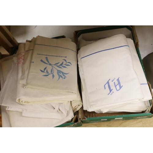 1403 - Fifteen French provincial monogrammed or embroidered linen and cotton sheets (2 boxes)