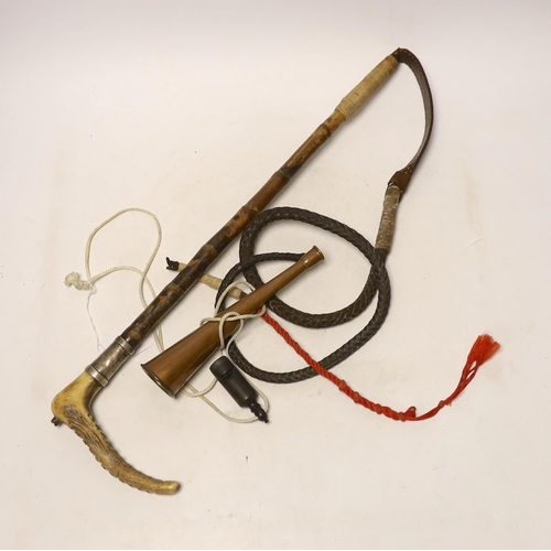 1406 - A silver mounted riding crop, a hunting horn and a horn whistle