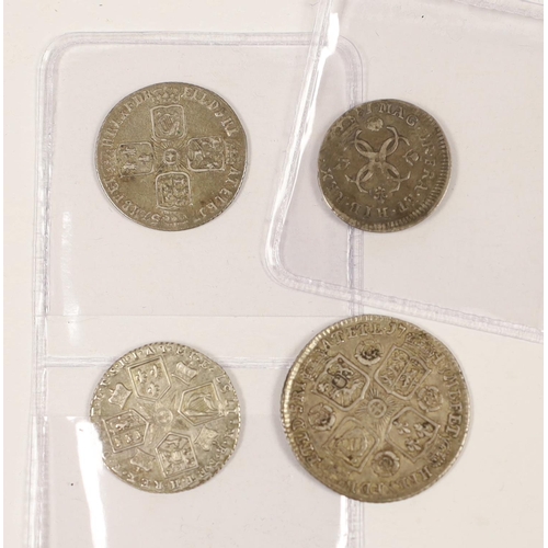 British silver coins - Charles II 4d, 1681, a George II shilling, 1743 ...