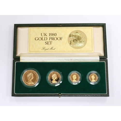 2087 - British gold coins - A Royal Mint UK QEII Gold Proof Set, 1980, comprising £5, £2, sovereign and hal... 