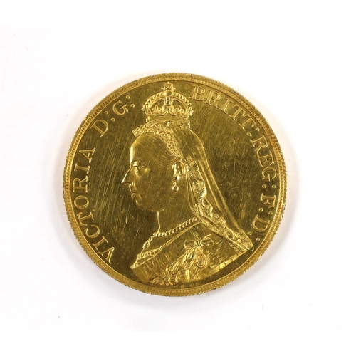 2089 - A British gold coins, Victoria gold £5, 1887, small edge nicks, otherwise about UNC.