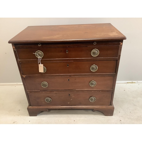 104 - A small early 19th century four drawer mahogany chest with brushing slide, width 83cm, depth 47cm, h... 