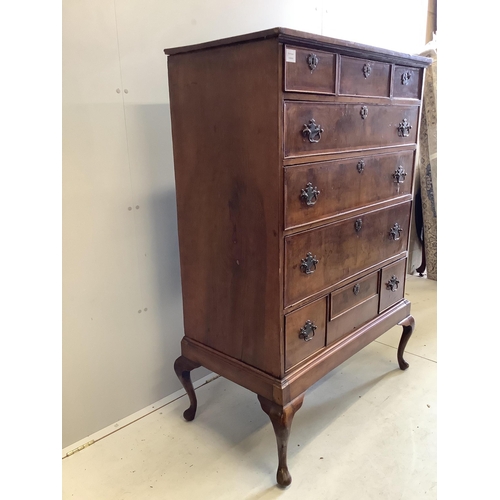 107 - An 18th century and later feather-banded walnut chest on stand, width 96cm, depth 51cm, height 144cm... 