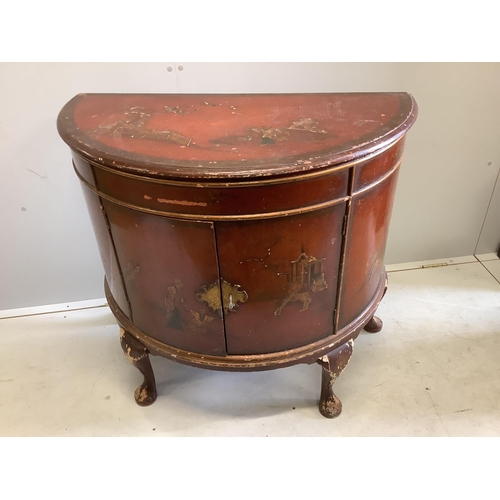 124 - An early 20th century scarlet chinoiserie lacquer D shaped side cabinet, width 95cm, depth 49cm, hei... 