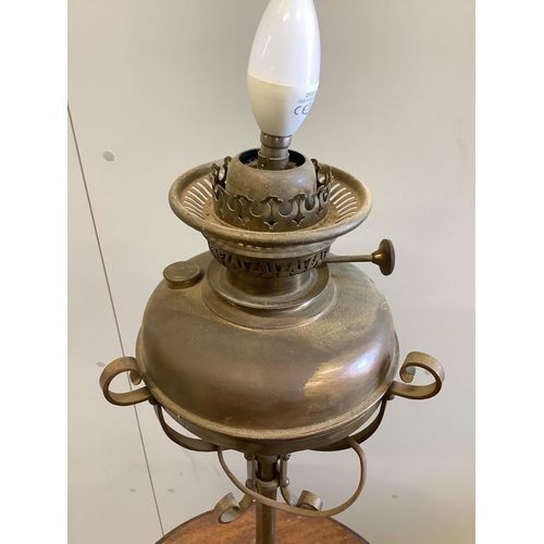 13 - A late Victorian brass and oak telescopic oil lamp standard, converted to electricity, height 152cm... 