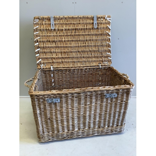 134 - A vintage wicker laundry basket, width 96cm, depth 63cm, height 61cm