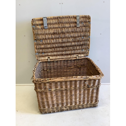 141 - A vintage wicker laundry basket, width 86cm, depth 61cm, height 53cm