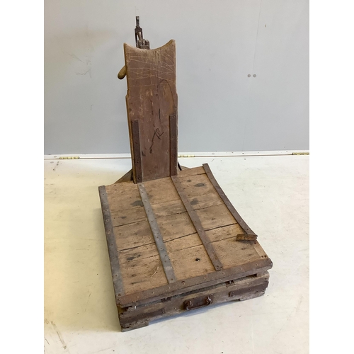 142 - A set of iron bound wood sack scales, height 70cm