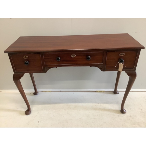 155 - A mahogany three drawer console table, width 105cm, depth 36cm, height 73cm