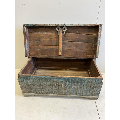 164 - An Indian iron bound hardwood trunk, width 128cm, depth 73cm, height 48cm