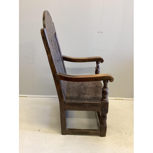 174 - A 17th century and later oak Wainscot chair, width 51cm, depth 51cm, height 109cm