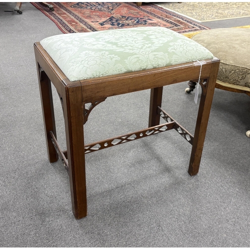 187 - An Edwardian Chippendale Revival mahogany dressing stool, width 50cm, depth 35cm, height 50cm