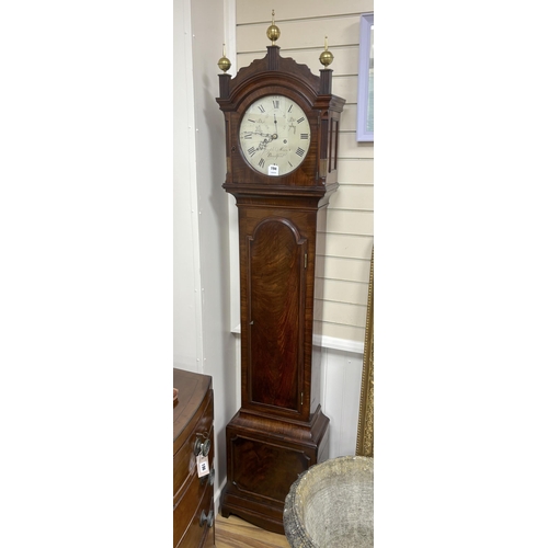 194 - An early 19th century mahogany eight day longcase clock, with silvered dial, marked Joseph Moxon, Br... 