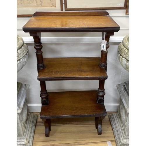 199 - A Victorian oak rectangular three tier lectern, width 61cm, depth 34cm, height 110cm