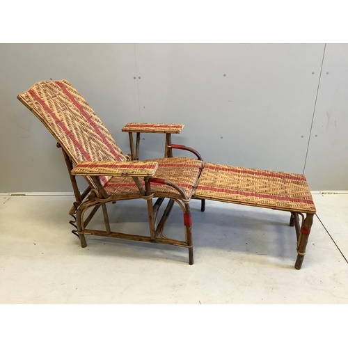 207 - A vintage French caned bamboo reclining garden chair with footrest