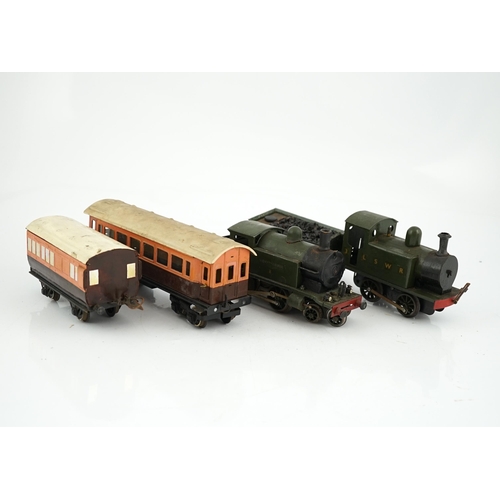 266 - Fifteen tinplate 0 gauge railway items, including three clockwork locomotives; an LSWR 0-4-2 tender ... 