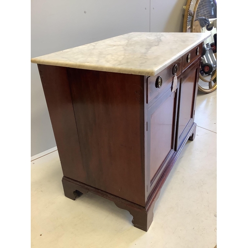 30 - An Edwardian satinwood banded and inlaid mahogany two door side cabinet, fitted two frieze drawers a... 