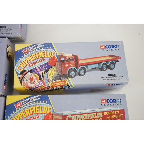 304 - Six boxed Corgi Classics Chipperfields Circus vehicles including; a Scammell Highwayman and trailer,... 