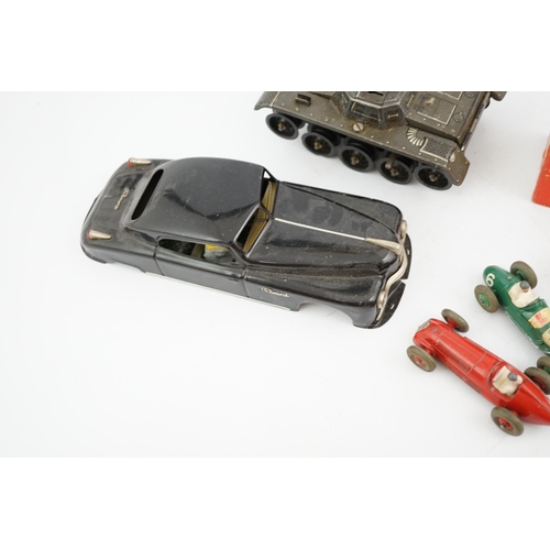 309 - Eleven tinplate and diecast vehicles by Dinky Toys, Tri-ang, Gama, etc., including a Primal Arnold t... 