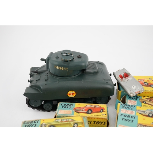 313 - Seven boxed Corgi Toys and a Tri-ang M116 Sherman Tank, Corgi including; a Karrier Bantam Lucozade v... 