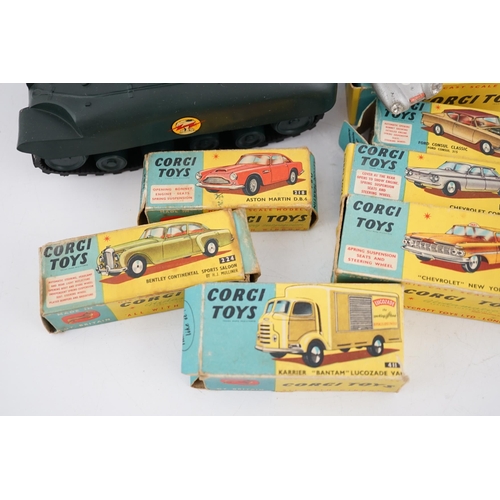 313 - Seven boxed Corgi Toys and a Tri-ang M116 Sherman Tank, Corgi including; a Karrier Bantam Lucozade v... 