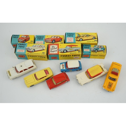 314 - Six boxed Corgi Toys cars; Aston Martin DB4 in yellow (218), Austin seven in red (225), Morris Mini ... 