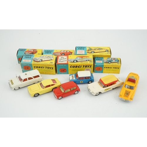 314 - Six boxed Corgi Toys cars; Aston Martin DB4 in yellow (218), Austin seven in red (225), Morris Mini ... 