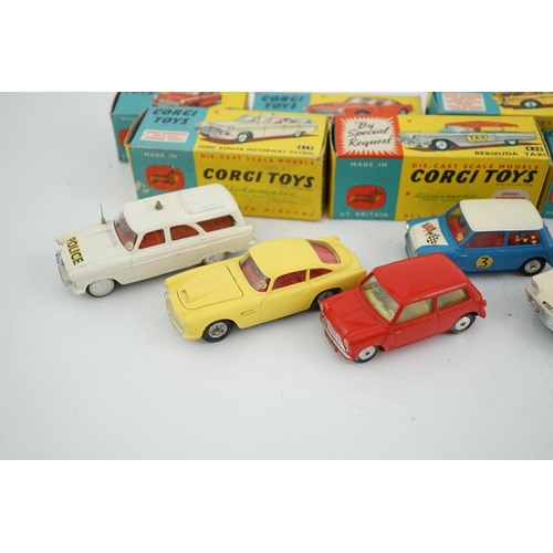 314 - Six boxed Corgi Toys cars; Aston Martin DB4 in yellow (218), Austin seven in red (225), Morris Mini ... 