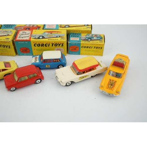 314 - Six boxed Corgi Toys cars; Aston Martin DB4 in yellow (218), Austin seven in red (225), Morris Mini ... 