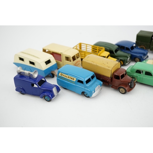 321 - Twelve Dinky Toys, including; Austin van, Vanguard, Market Gardeners wagon, Hillman Minx, MG Midget... 