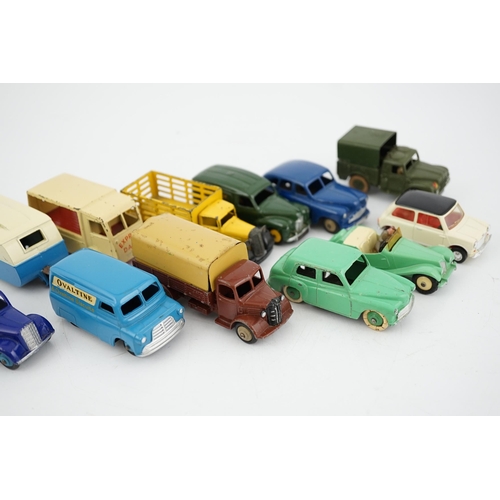 321 - Twelve Dinky Toys, including; Austin van, Vanguard, Market Gardeners wagon, Hillman Minx, MG Midget... 