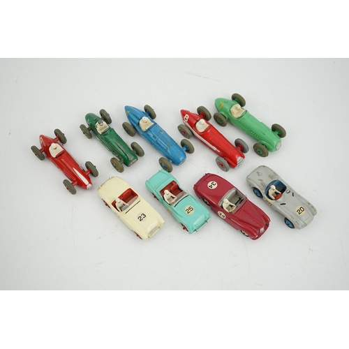 323 - Nine Dinky Toys racing cars, including; Austin Healey, Triumph TR2, Sunbeam Alpine, Aston Martin, HW... 