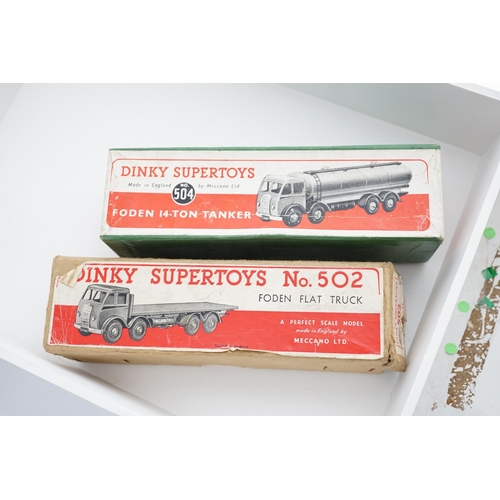 324 - Two boxed Dinky Supertoys first type Fodens; a 14-ton tanker (504), with dark blue cab and chassis, ... 