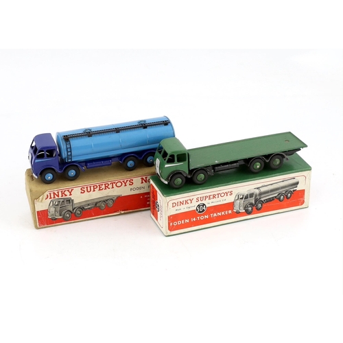 324 - Two boxed Dinky Supertoys first type Fodens; a 14-ton tanker (504), with dark blue cab and chassis, ... 