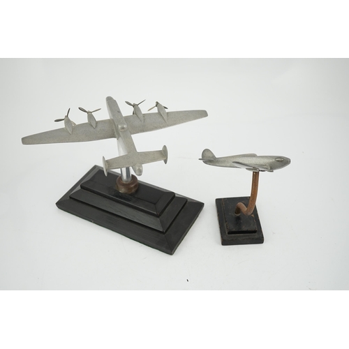 330 - Two cast aluminium military aircraft models mounted on stepped wooden bases; a Halifax bomber, wings... 