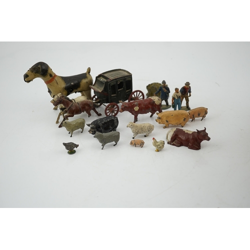 331 - A collection of Britains, etc. lead farm animals and accessories, including the farmer, farmers wif... 