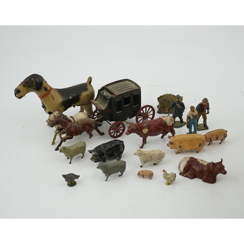 331 - A collection of Britains, etc. lead farm animals and accessories, including the farmer, farmers wif... 