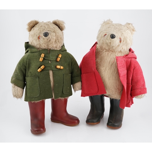 339 - An early Paddington bear, green jacket, missing hat, and a similar Paddington with Dunlop boots, red... 