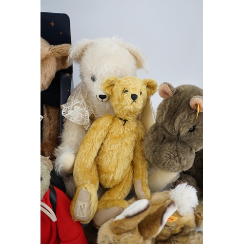 347 - Two Merrythought John Lewis bears, a Harrodd 2000 bear, a Steiff yellow tag rabbit, two Deans bears,... 