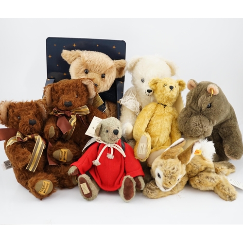 347 - Two Merrythought John Lewis bears, a Harrodd 2000 bear, a Steiff yellow tag rabbit, two Deans bears,... 