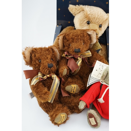 347 - Two Merrythought John Lewis bears, a Harrodd 2000 bear, a Steiff yellow tag rabbit, two Deans bears,... 