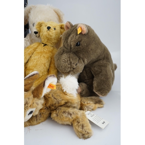 347 - Two Merrythought John Lewis bears, a Harrodd 2000 bear, a Steiff yellow tag rabbit, two Deans bears,... 