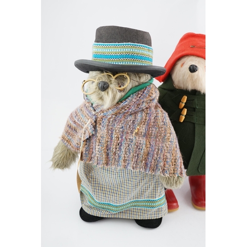 362 - Aunt Lucy with glasses and label, in good condition, two Paddington bears, one with green jacket, Du... 