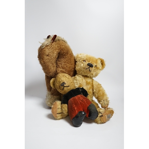 378 - A Chad Valley teddy bear, 34cm high, a smaller bear in velvet clothes and a Merrythought horse... 