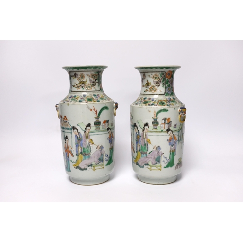 402 - A pair of 19th century Chinese famille verte ladies vases, 23cm