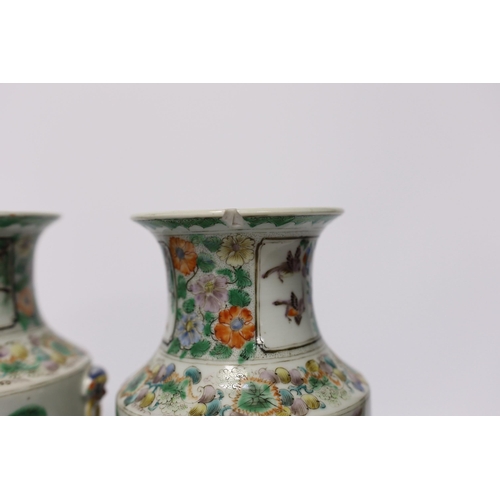 402 - A pair of 19th century Chinese famille verte ladies vases, 23cm