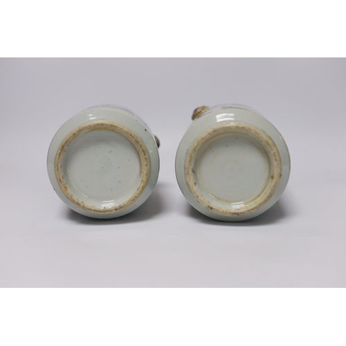 402 - A pair of 19th century Chinese famille verte ladies vases, 23cm