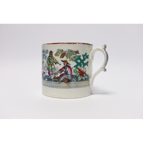 417 - An early 19th century Staffordshire pearlware cylindrical large tankard decorated with Chinese figur... 