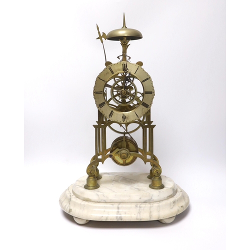 423 - A skeleton clock with Roman numeral dial, raised on white marble base, pendulum and key, 45cm