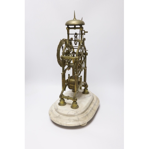 423 - A skeleton clock with Roman numeral dial, raised on white marble base, pendulum and key, 45cm